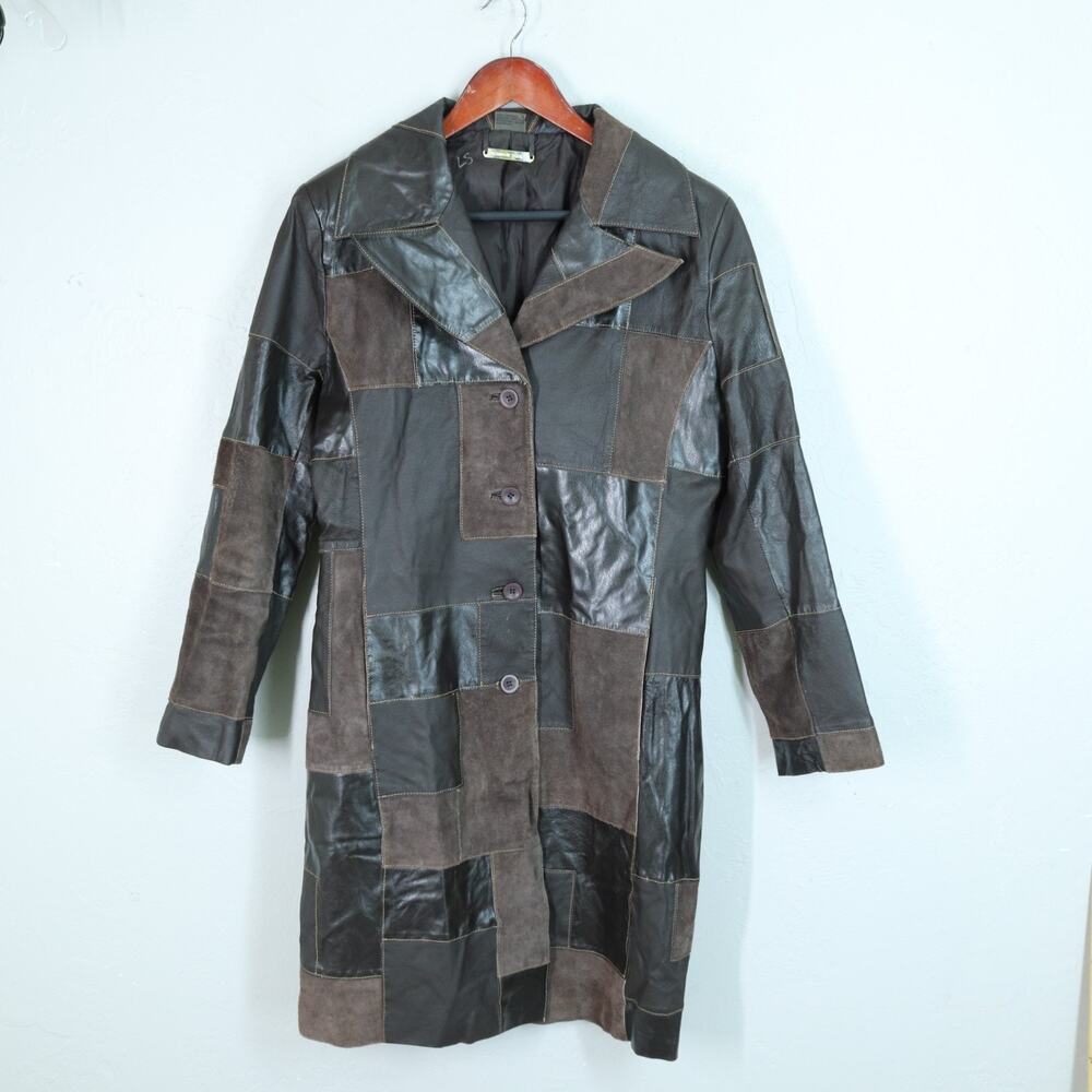 Vtg 70s Brandon Thomas Patch Leather Coat M Brown Suede Nubuck Lined Pockets